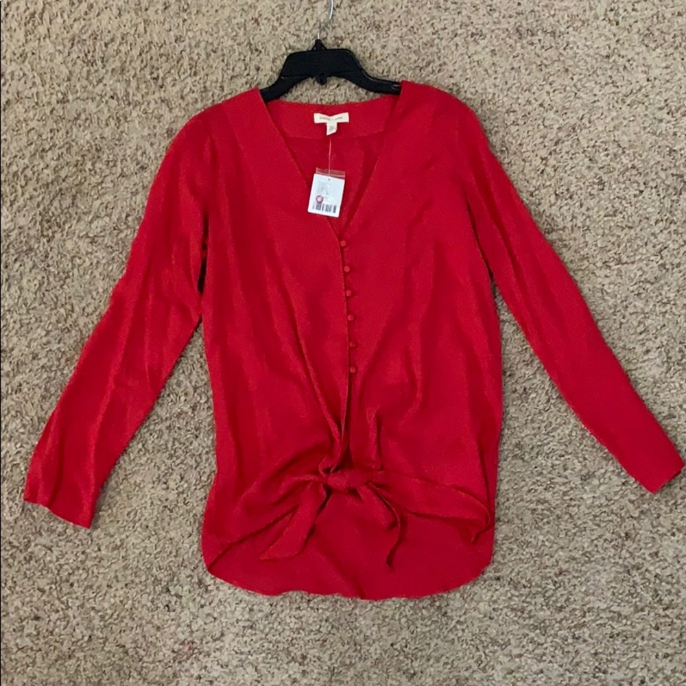 Red button up and tie front shirt